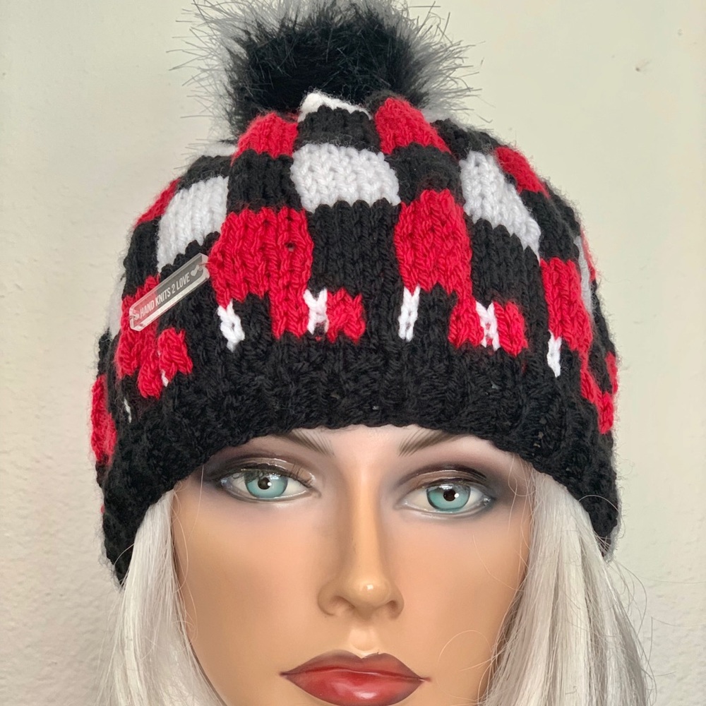 Hand Knits 2 Love Beanie Hat Plaid Faux Fur Pom